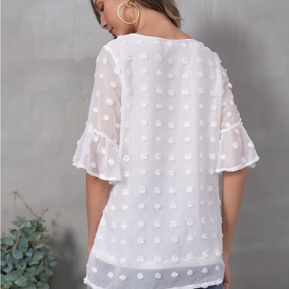 NWT Swiss Dot Chiffon 3/4 Ruffle Sleeve Blouse - Zeagoo Size Small #83 - Picture 2 of 13